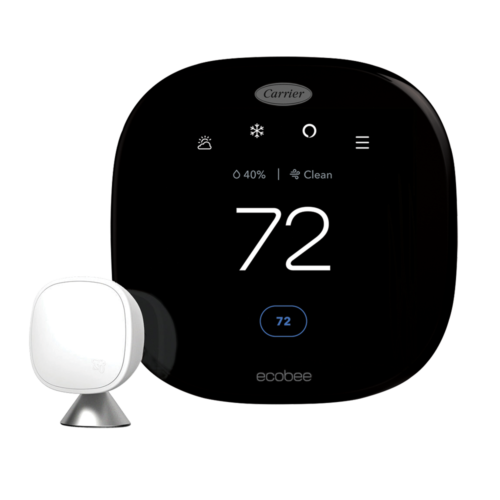 Thermostat intelligent ecobee for Carrier Smart Thermostat Premium avec écran tactile et capteur SmartSensor. ecobee for Carrier Smart Thermostat Premium with touch screen and included SmartSensor.